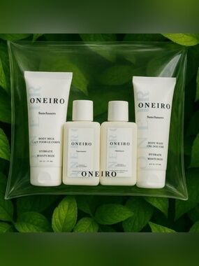 ONEIRO Shampoo, Conditioner, Body Wash, Lotion, Clear Bag 5 pc set, Retail $75